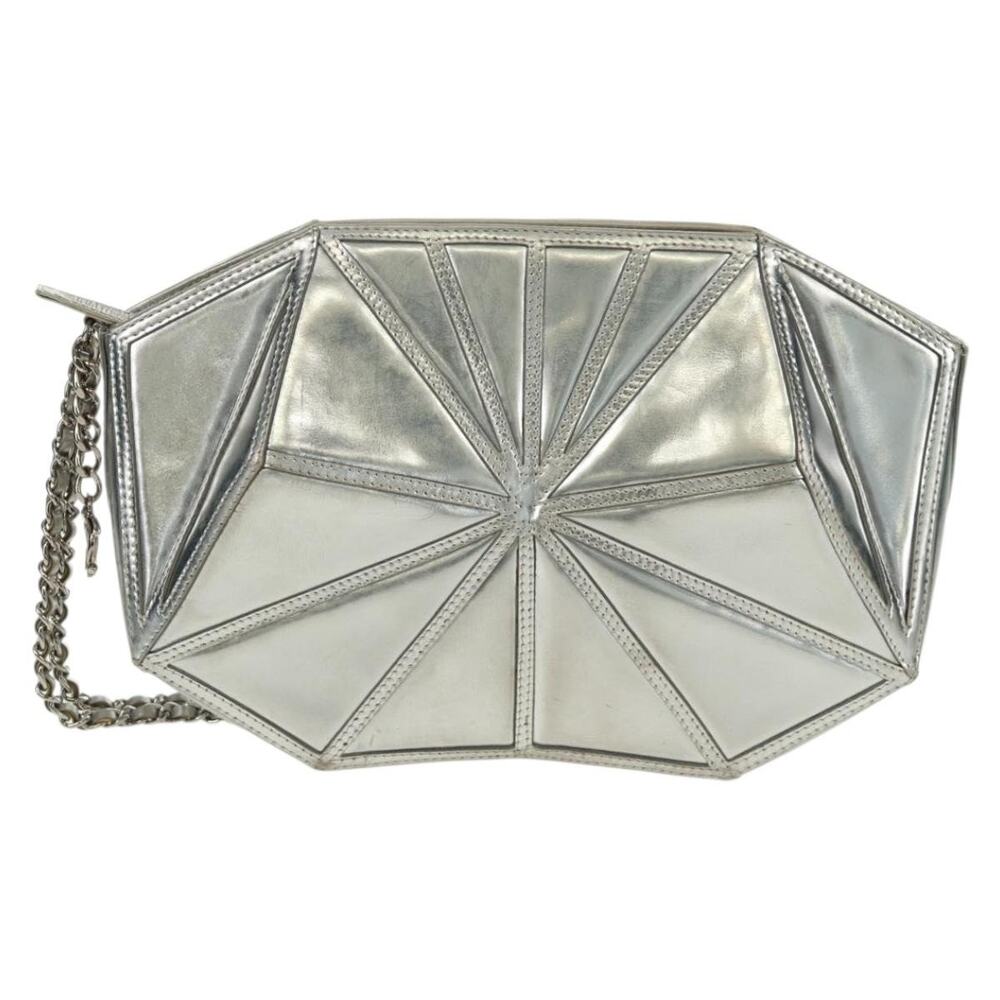 Chanel Leather Clutch Bag Silver